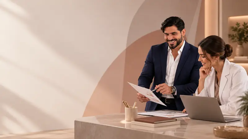 Anderson De Nóbrega revisa un informe con una médica sobre la mesa de una clínica de medicina estética